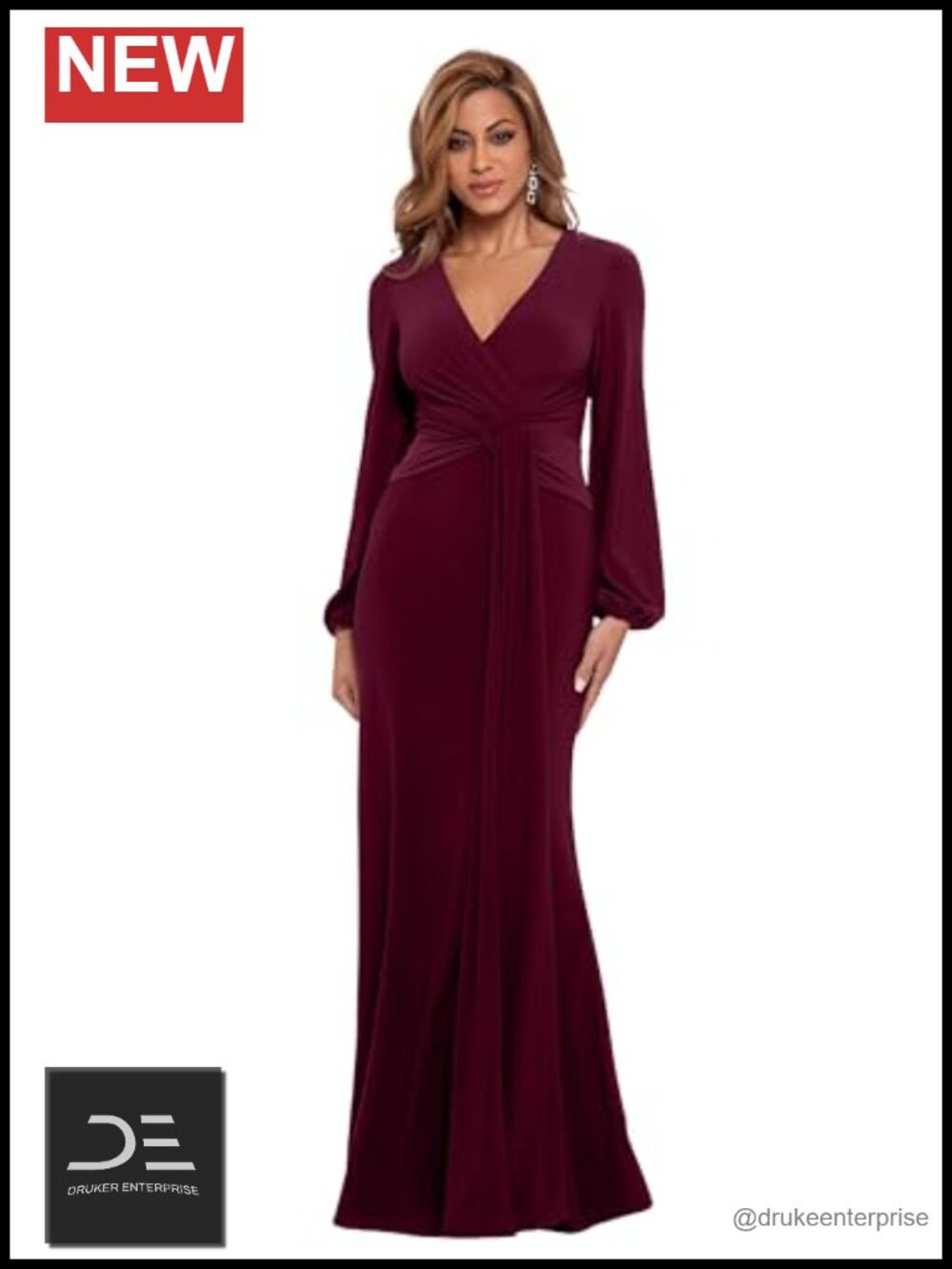 Women's Floor-Length Long Sleeve V-Neck Knot Waist Gown Petite